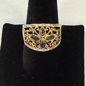 925 Sterling Silver Filagree Flower Dark Blue Stone Gold Tone Plated Ring Sz 10